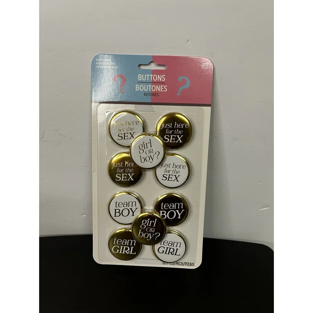 Gender Reveal Party‎ Favor Buttons Gold White 10ct Baby Shower NEW